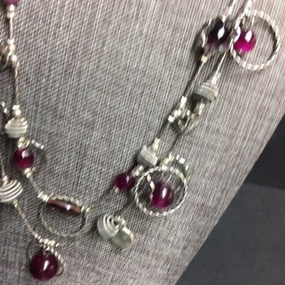 Purple Silver Necklace Wavy Circle Disc Double Strand Round And Retro BoHo - Picture 4 of 7
